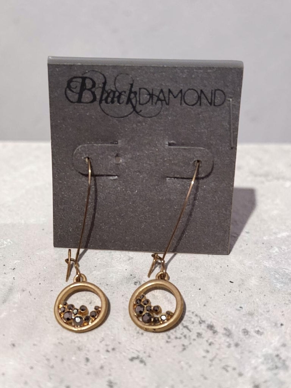 Black Diamond Gold Circle Drop Earrings with Dark Accent Stones